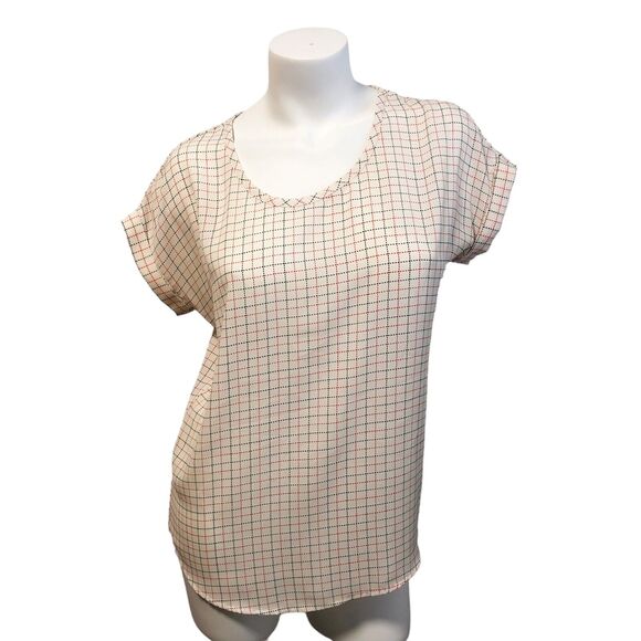 Pleione Blouse Popover Top Size S Cuffed Short Sleeve Red & Black Stitch Print - Picture 2 of 6